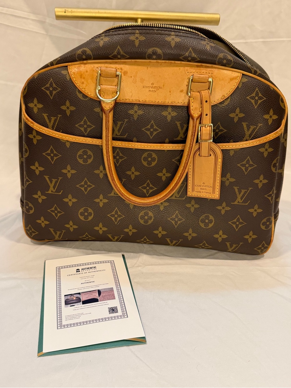 Louis Vuitton Brown Monogram Canvas Satchel with Tan Leather Trim-Deauville